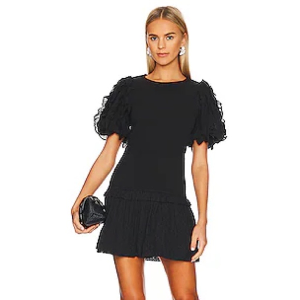 Cleobella Colette Black Mini Dress w/ Smocked Fabric & Ruffle Sleeves Small S